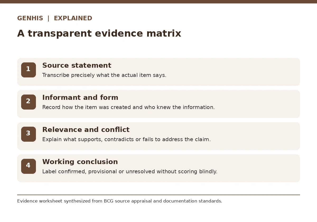 Final actionable checklist for genealogy evidence explained consisting of four practical review criteria.