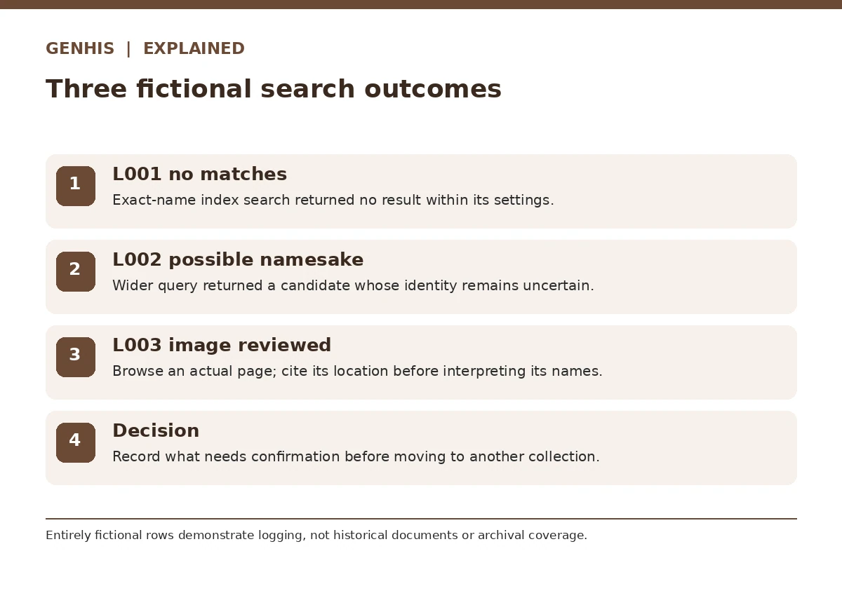Comparison diagram for genealogy research log, with four contrasting checks and what each implies.