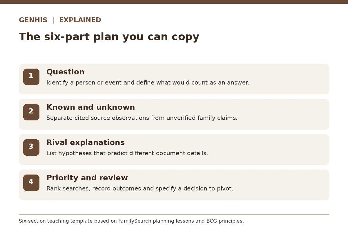 Source-backed workflow diagram for genealogy research plan template, showing four separate key decisions in order.