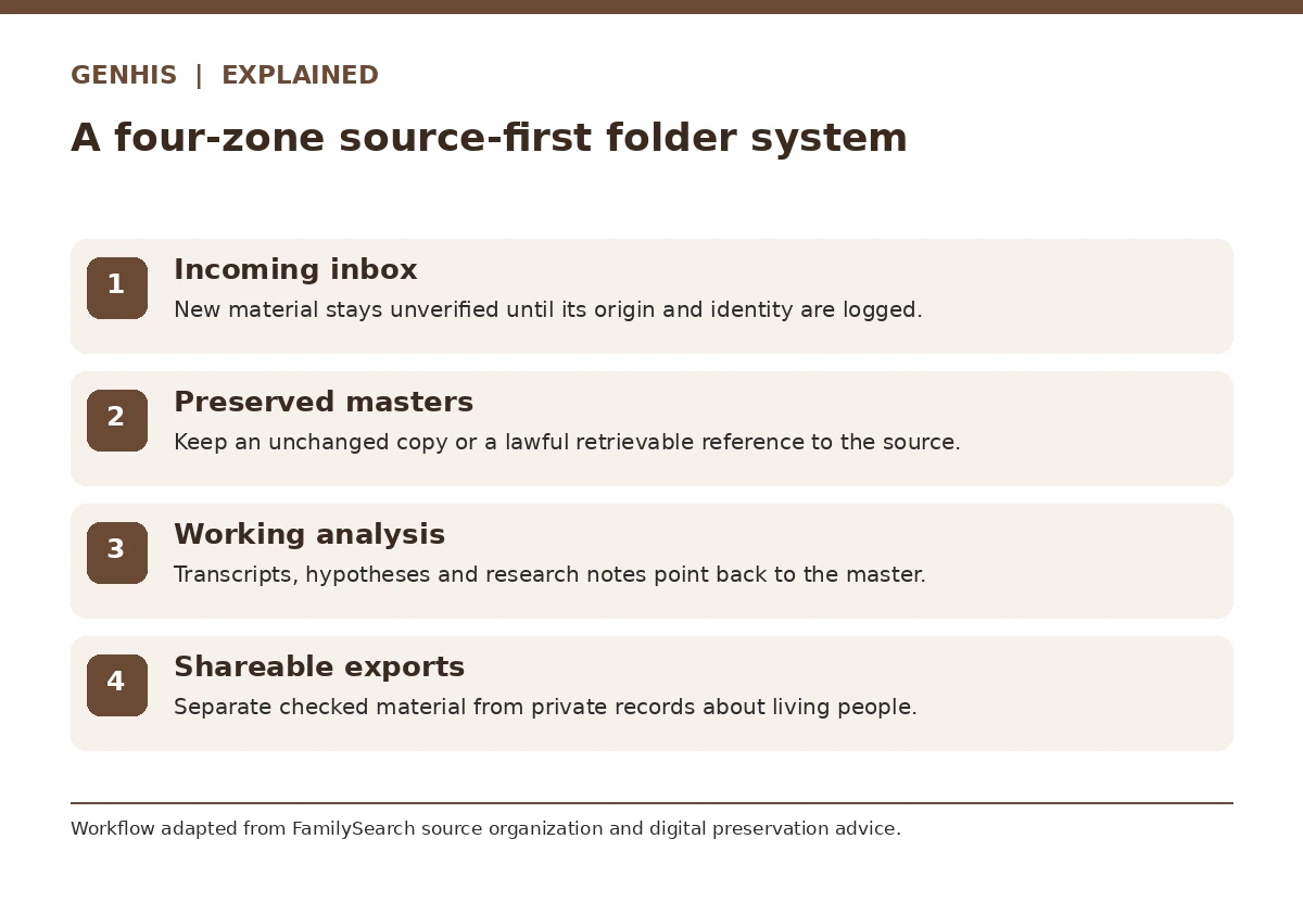 Source-backed workflow diagram for how to organize genealogy research, showing four separate key decisions in order.