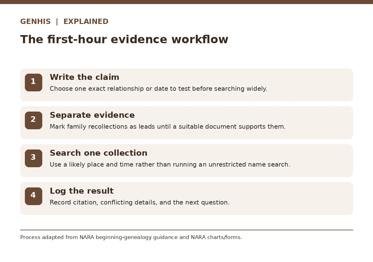Explainer diagram one for how to start genealogy research, showing the four decisions in the research workflow.