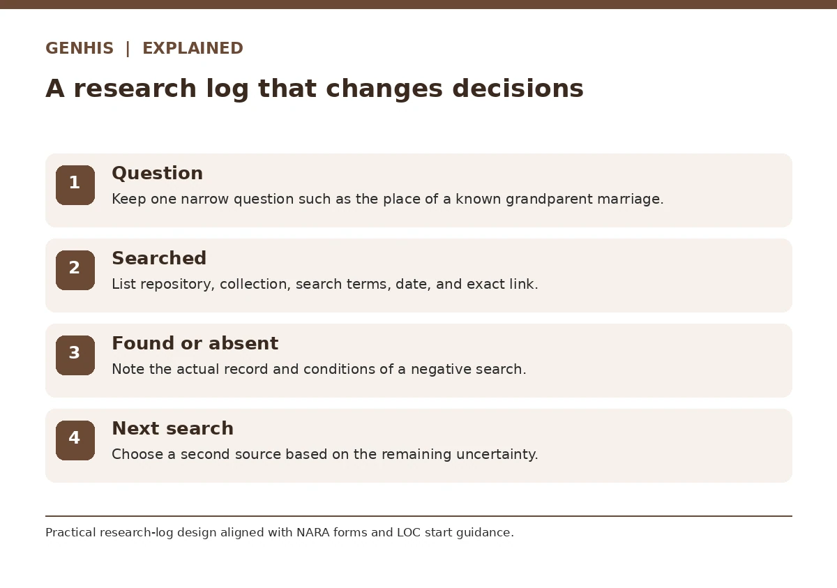 Explainer diagram three for how to start genealogy research, showing an actionable genealogy checklist.